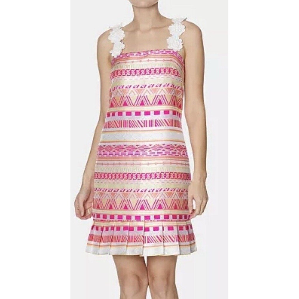 Laundry by Shelli Segal Wedding Guest Flower-Strap Jacquard Dress Ivory SZ 2